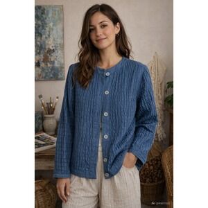 VTG Gene Ewing Bis Womens Denim Jacket Size M Blue Textured Lagenlook Artsy Boho